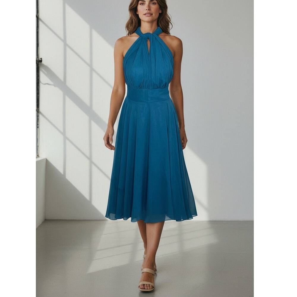 Teal Chiffon Halter High Low Bridesmaid Formal Dress Sz 5